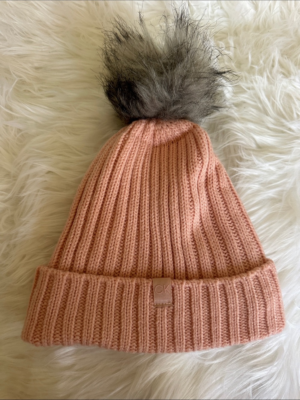Calvin Klein Pink Ribbed Knit Beanie with Gray Faux Fur Pom